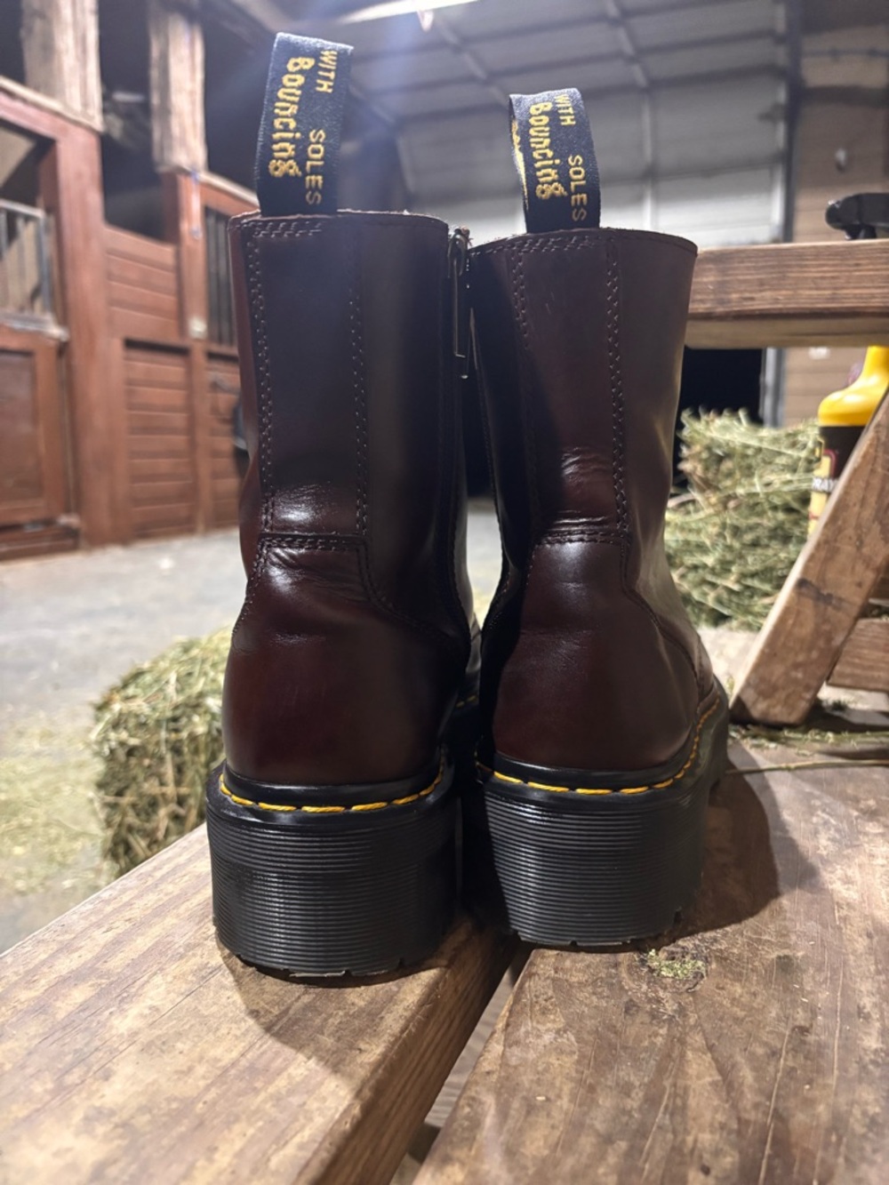 Dr. Martens Jadon Brown Leather Platform Boots with Yellow Stitching - Picture 3 of 6